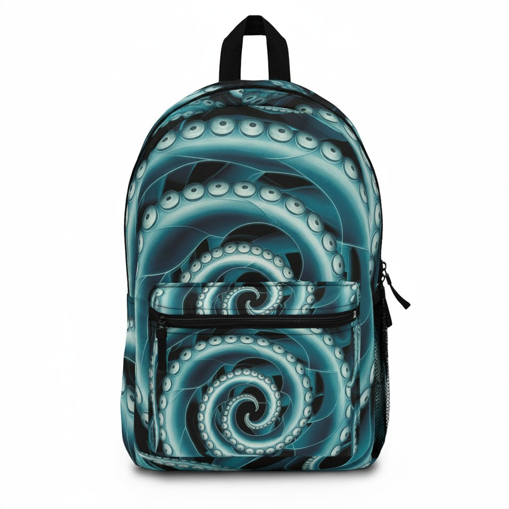 Octopus Spiral Tentacle Backpack – Hypnotic Bioluminescent Teal & Black Deep Sea Art | Laptop Compartment | Waterproof Polyester | Gothic Ocean Bag