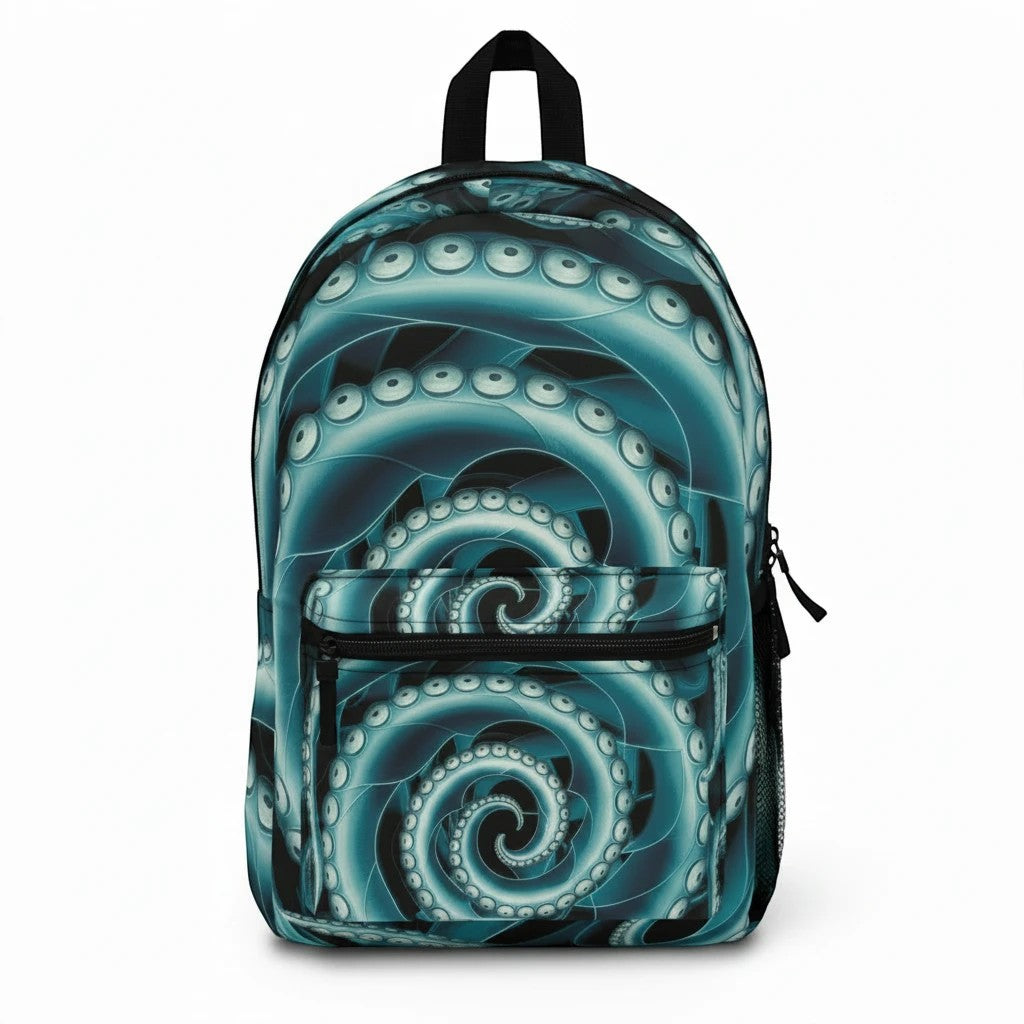 Octopus Spiral Tentacle Backpack – Hypnotic Bioluminescent Teal & Black Deep Sea Art | Laptop Compartment | Waterproof Polyester | Gothic Ocean Bag