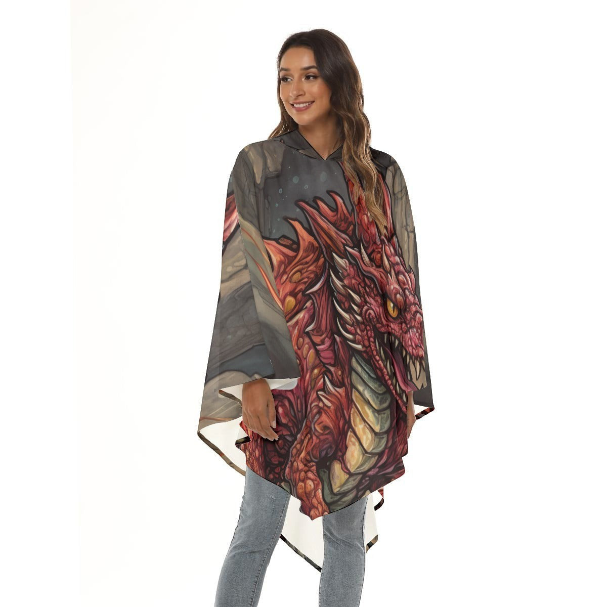 Unisex hooded cape with red dragon print and sheer dark gray panels