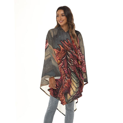 Unisex hooded cape with red dragon print and sheer dark gray panels