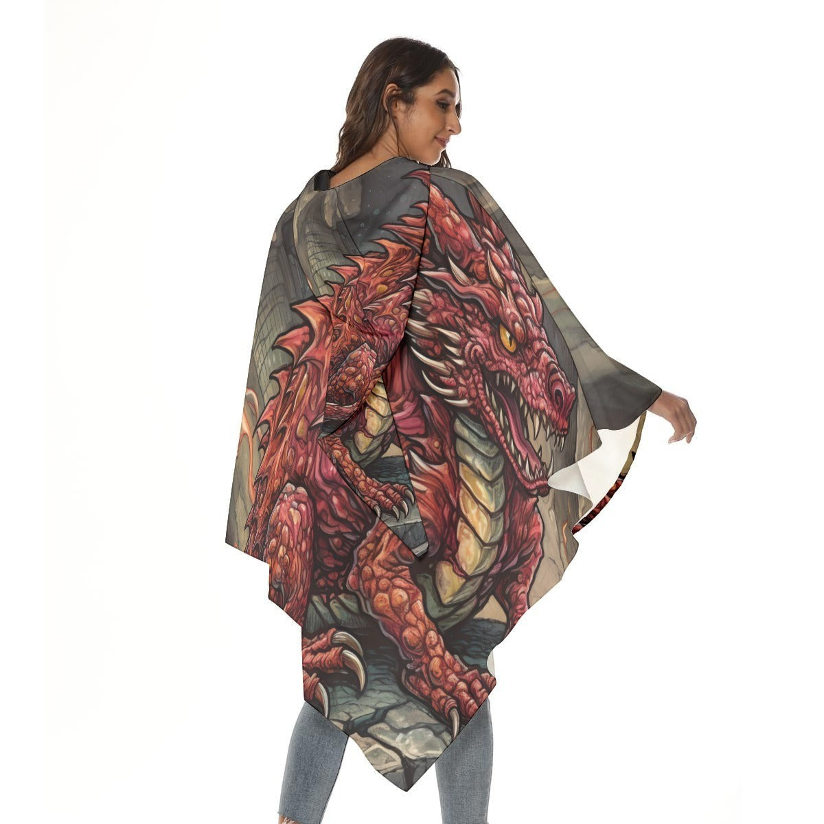 Unisex hooded cape showing back dragon print in red and green on dark gray