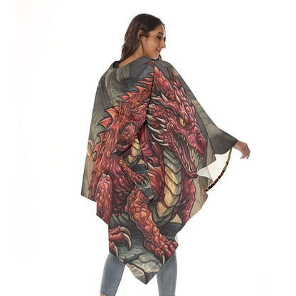 Unisex hooded cape showing back dragon print in red and green on dark gray