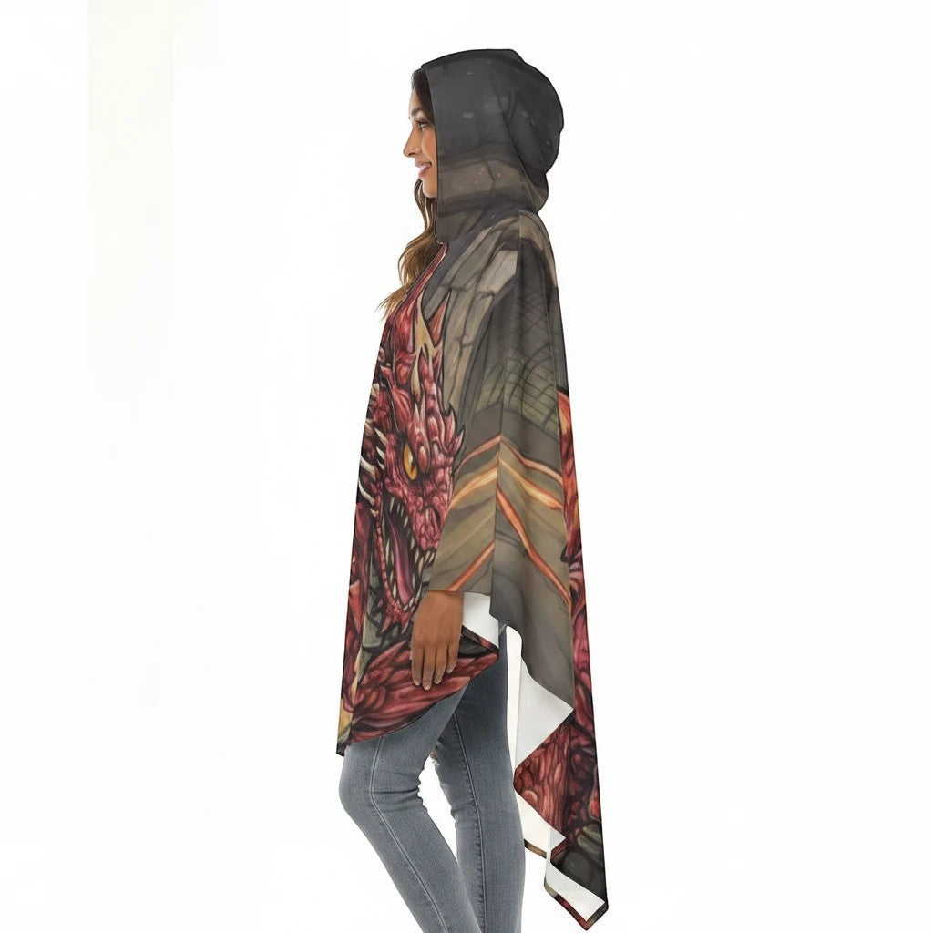 Unisex hooded cape side view with red dragon print on dark gray fabric