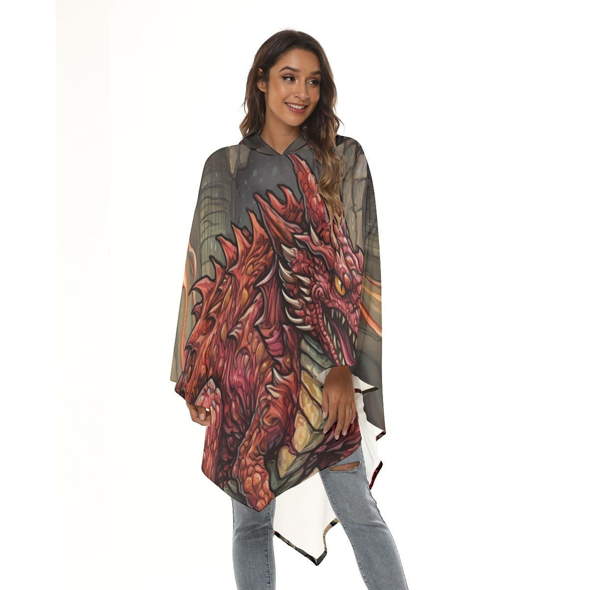 Unisex hooded cloak cape in dark gray with red and green dragon design