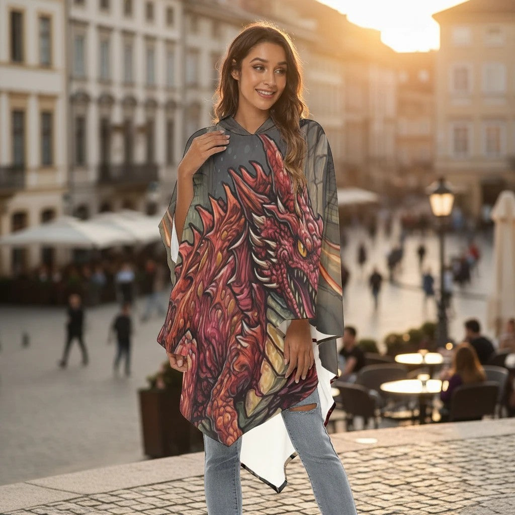 Unisex hooded lightweight cape with red dragon artwork and draped hem