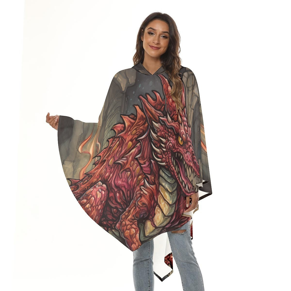 Unisex hooded dragon-print cloak, dark gray with red and orange winged dragon art