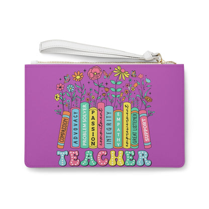 Purple teacher appreciation clutch bag with gold zipper and white wrist strap