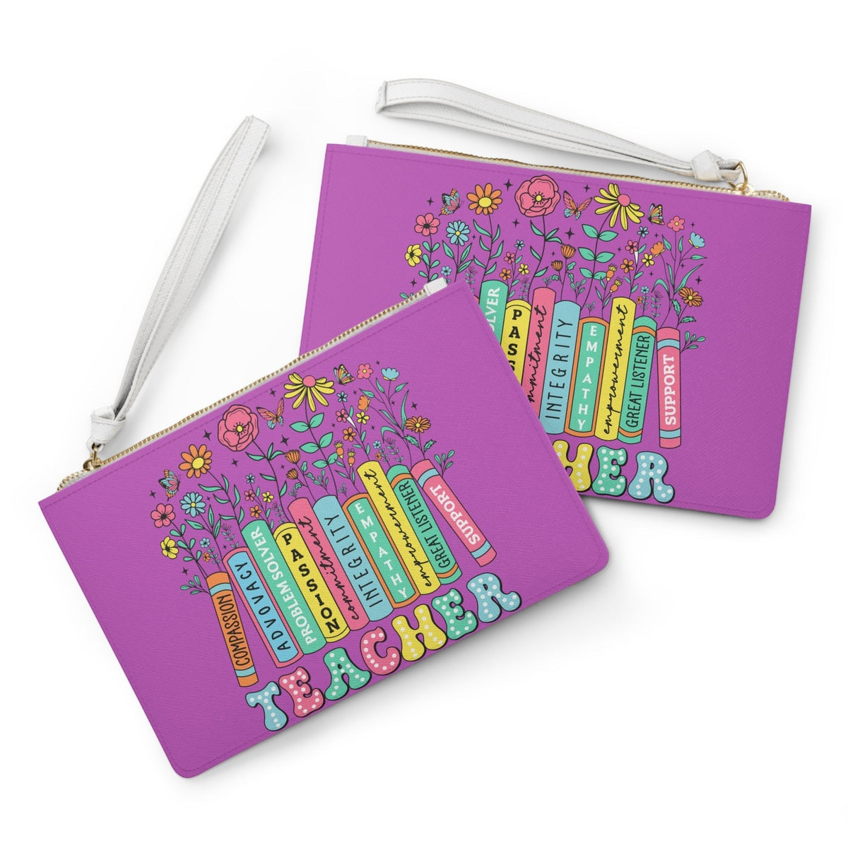 Two purple teacher-themed wrist clutch bags with gold zippers and white straps