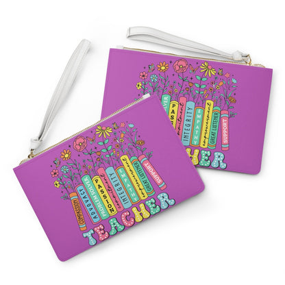 Two purple teacher-themed wrist clutch bags with gold zippers and white straps