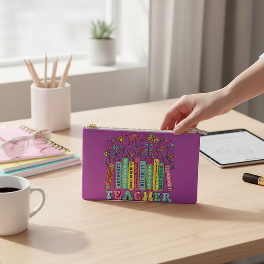 Purple rectangular clutch bag with gold zipper, held with teacher word art