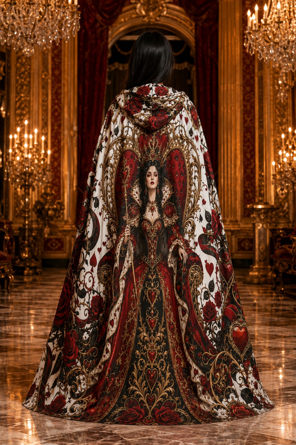 Hooded cloak with ornate red, gold, and white pattern and heart accents from back