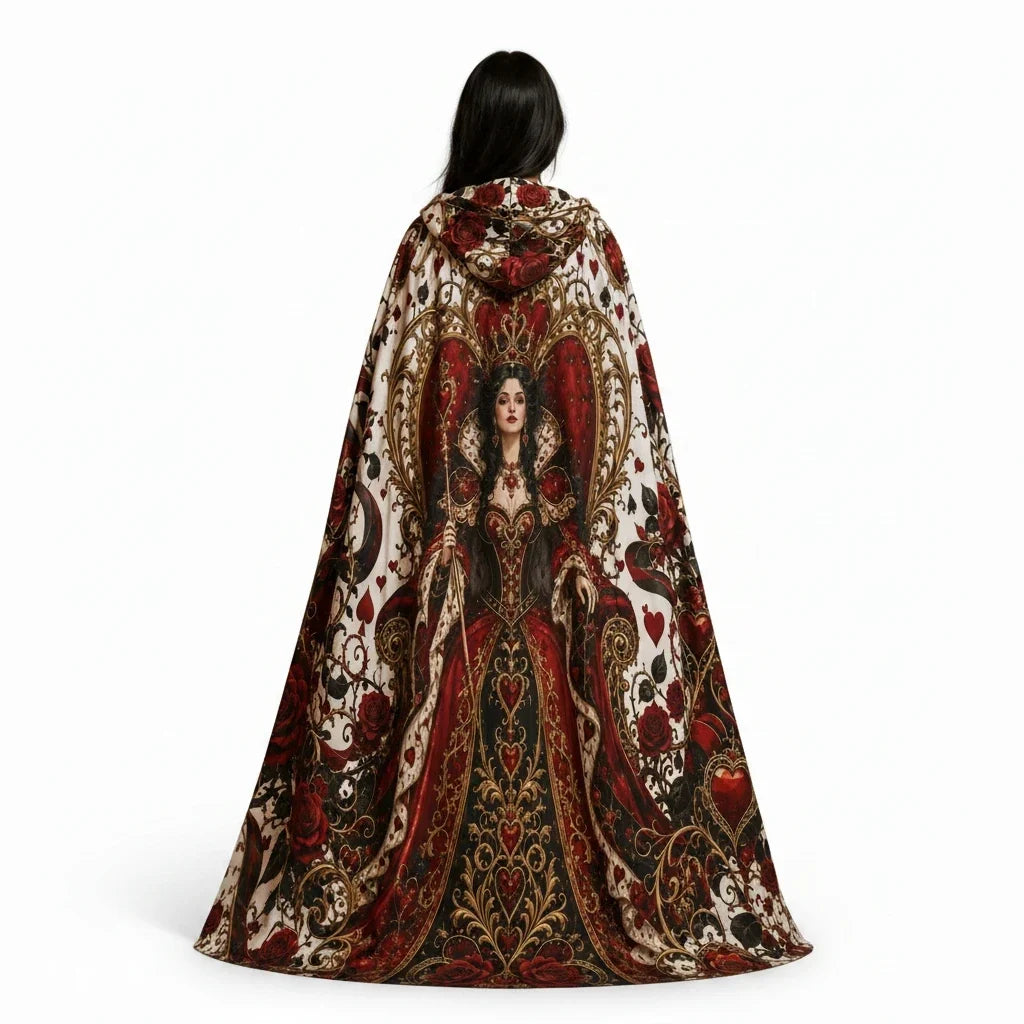 Hooded cloak cape with ornate back print in red, gold, and white
