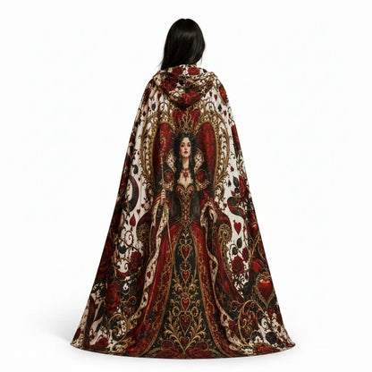 Hooded cloak cape with ornate back print in red, gold, and white