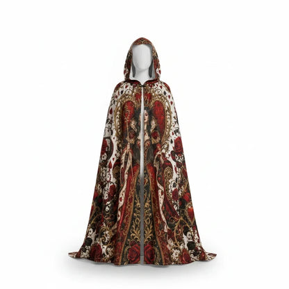 Hooded cloak cape with red, gold, and white hearts and roses print, front view