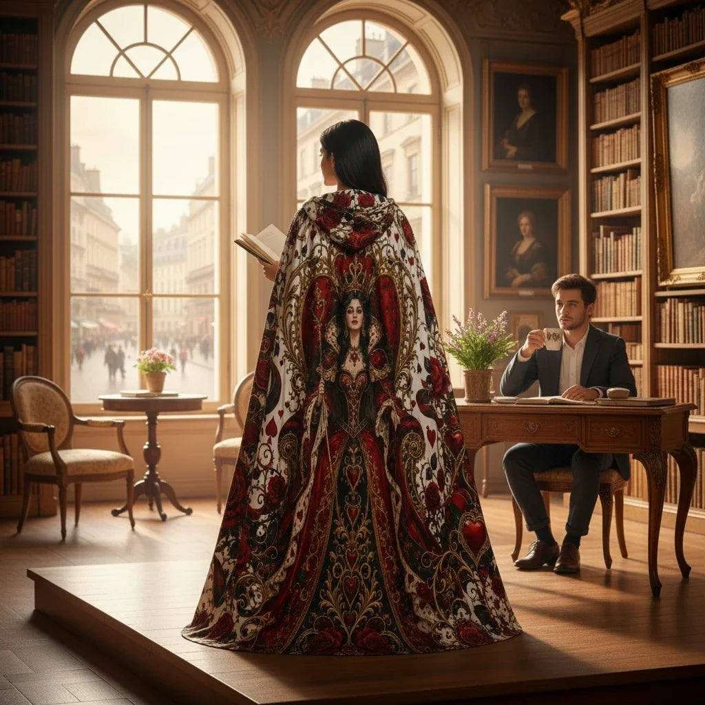 Hooded cloak with red, gold, and white baroque hearts-and-roses print, full length