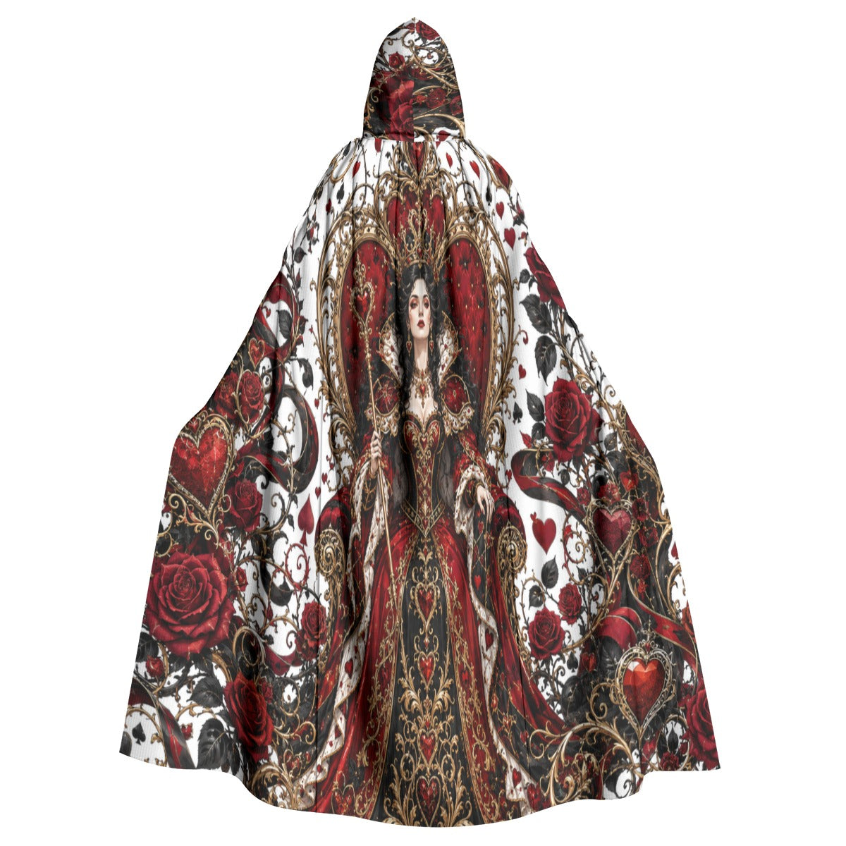 Hooded cloak cape with full print design and gathered hood front