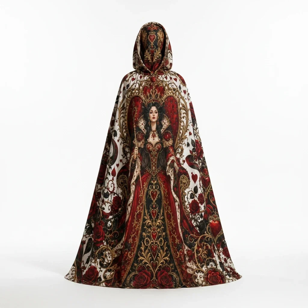 Hooded cloak cape with gathered hood and red, gold, and white heart motif front