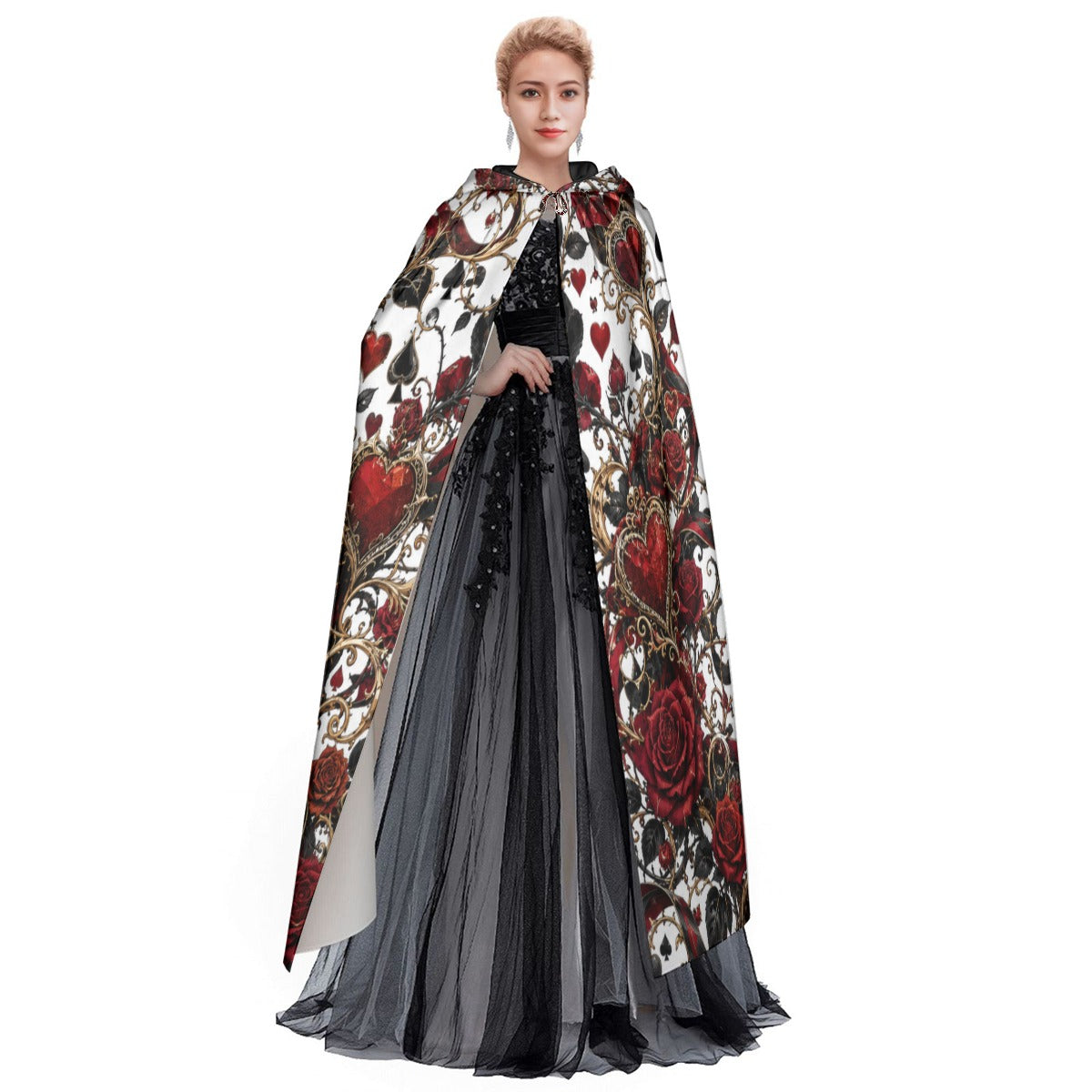 Hooded cloak with red and gold baroque hearts print over black skirt underskirt