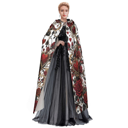 Hooded cloak with red and gold baroque hearts print over black skirt underskirt