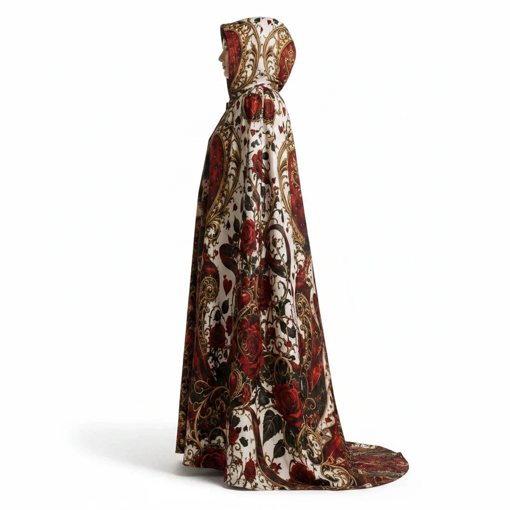 Hooded cloak cape with ornate red, gold and white fantasy heart pattern