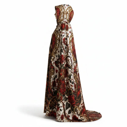 Hooded cloak cape with ornate red, gold and white fantasy heart pattern