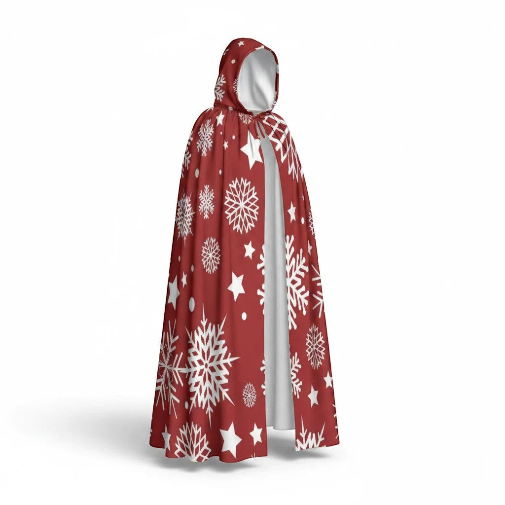Maroon hooded cape with white snowflake and star pattern, back view