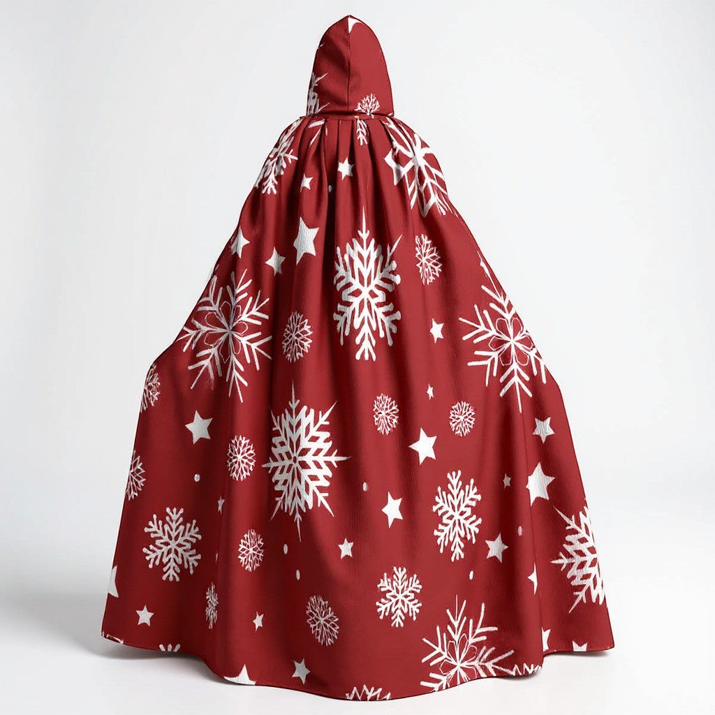 Red hooded cloak cape with white snowflake and star print, wrapped shoulder drape