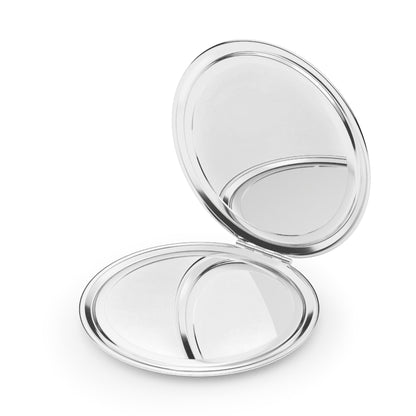 Compact travel mirror, open silver case showing two reflective round surfaces