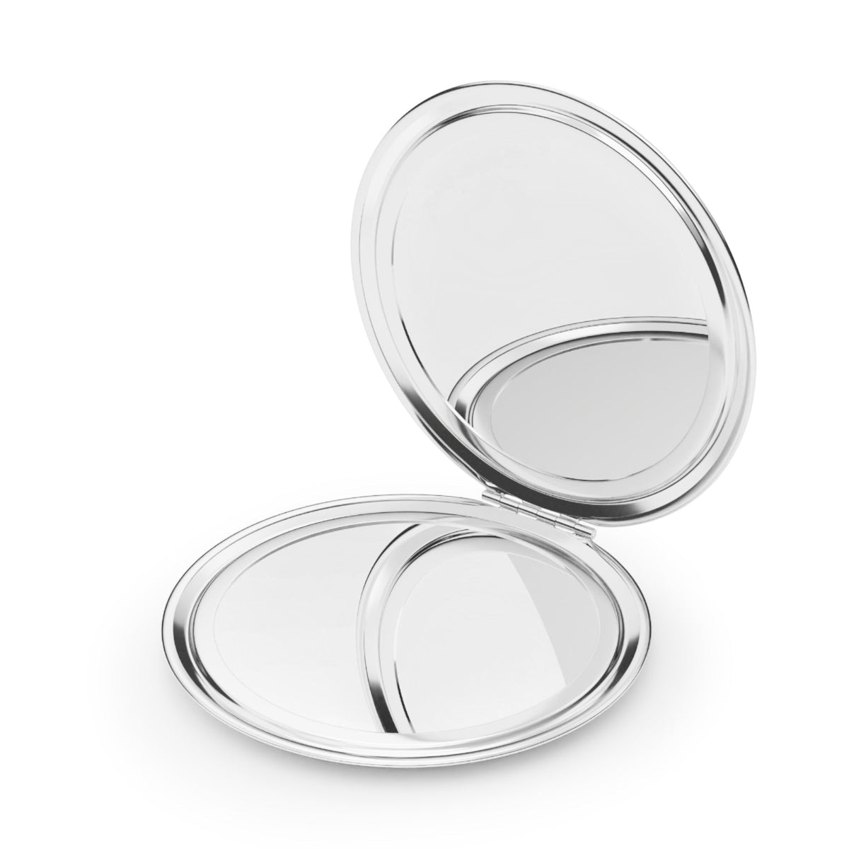 Silver glossy compact mirror open flat, showing two round reflective panels
