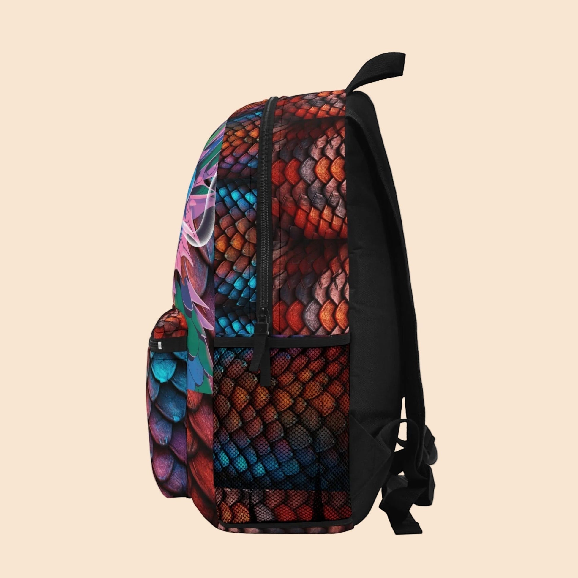 Dragon-scaled backpack with front pocket, black webbing straps, and colorful back panel