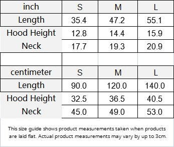 Hooded cloak size chart with S, M, L length, neck, and hood height measurements