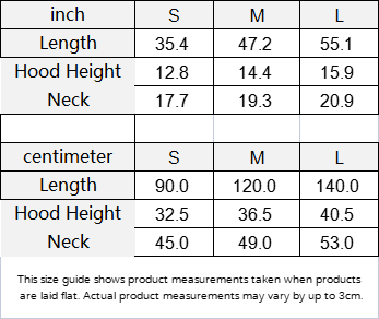 Size chart table for hooded cloak with S, M, L measurements in inches and centimeters.