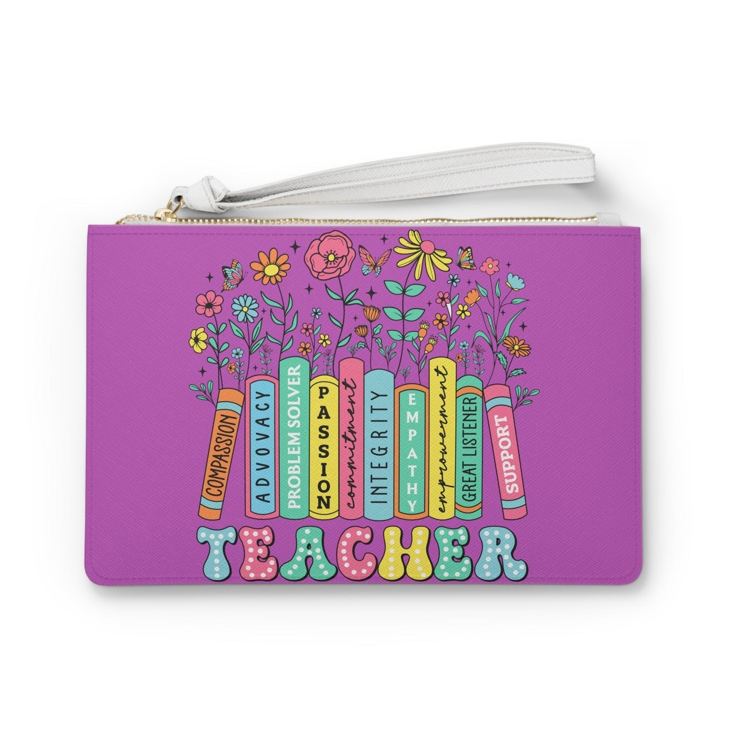 Purple teacher word art clutch bag with gold zipper and white wrist strap