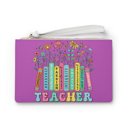 Purple teacher word art clutch bag with gold zipper and white wrist strap