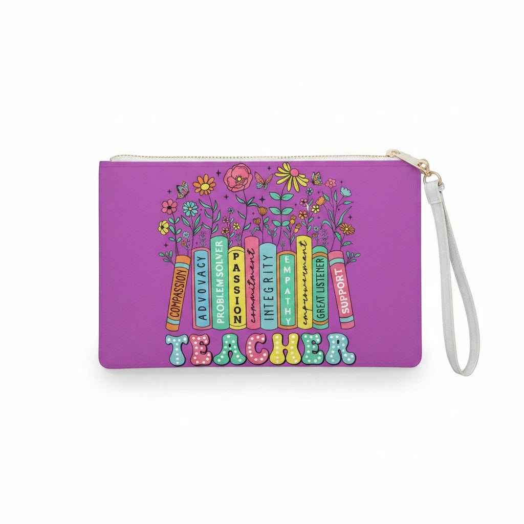 Purple rectangular clutch bag with gold zipper and white wrist strap