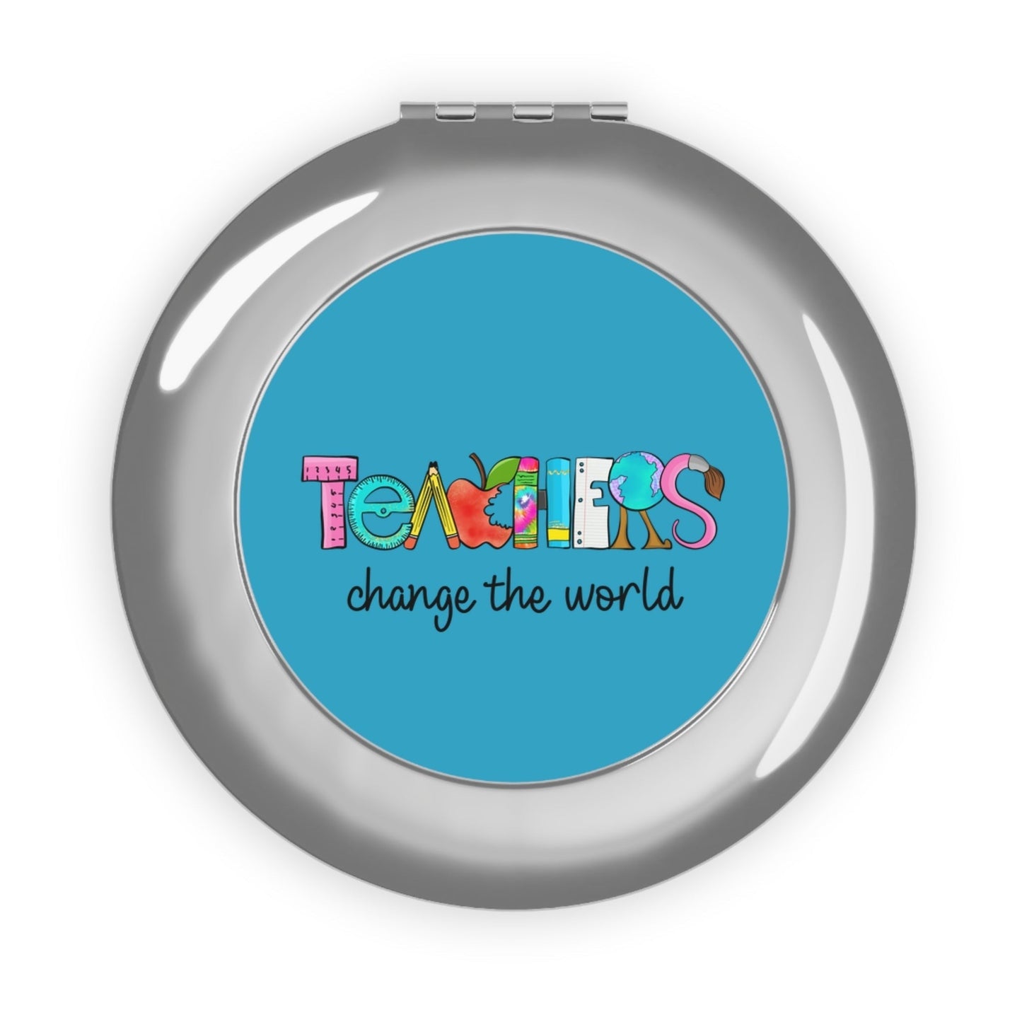Silver glossy compact travel mirror with blue Teachers graphic on the round front cover