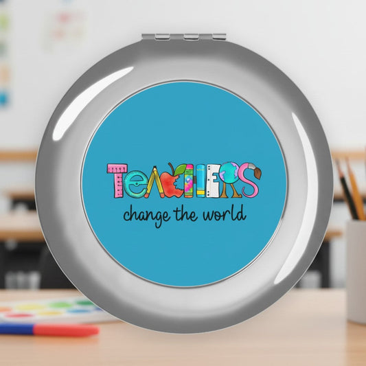 Silver glossy compact travel mirror with blue Teachers graphic on the round mirror cover