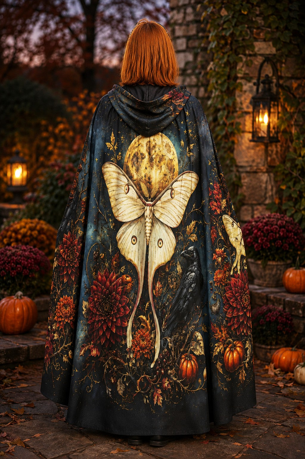 Back view hooded cloak with large butterfly moth design and orange-red floral accents