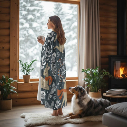 Unisex hooded cloak in dark blue with woodland motif, flowing long length
