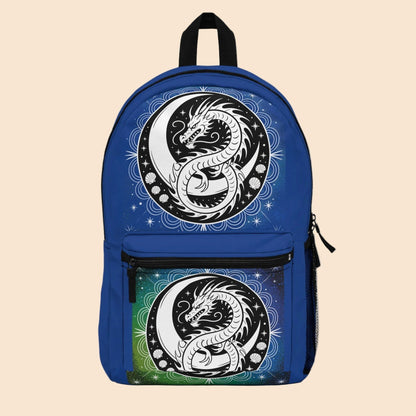 Blue dragon yin-yang backpack with two round dragon yin-yang graphics and front zipper