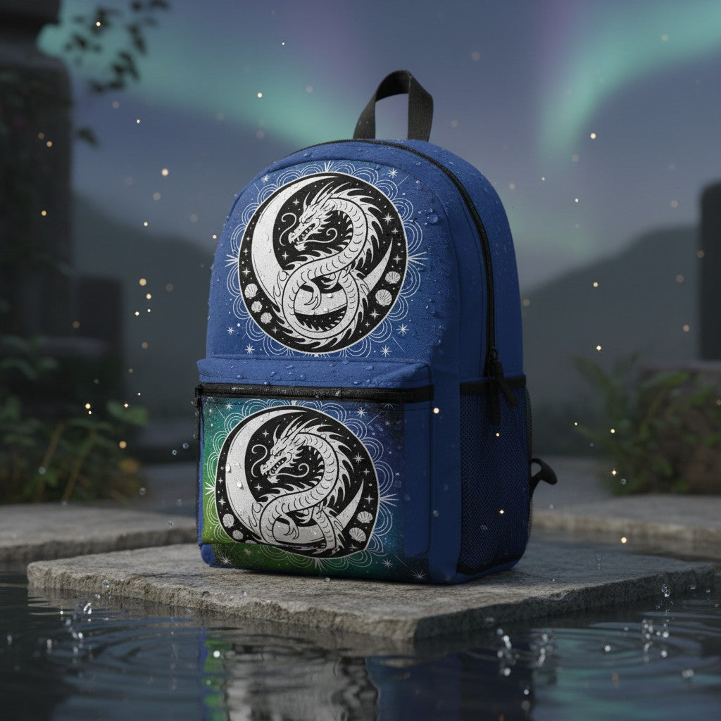 Blue dragon yin-yang backpack with front zipper and two round dragon yin-yang graphics