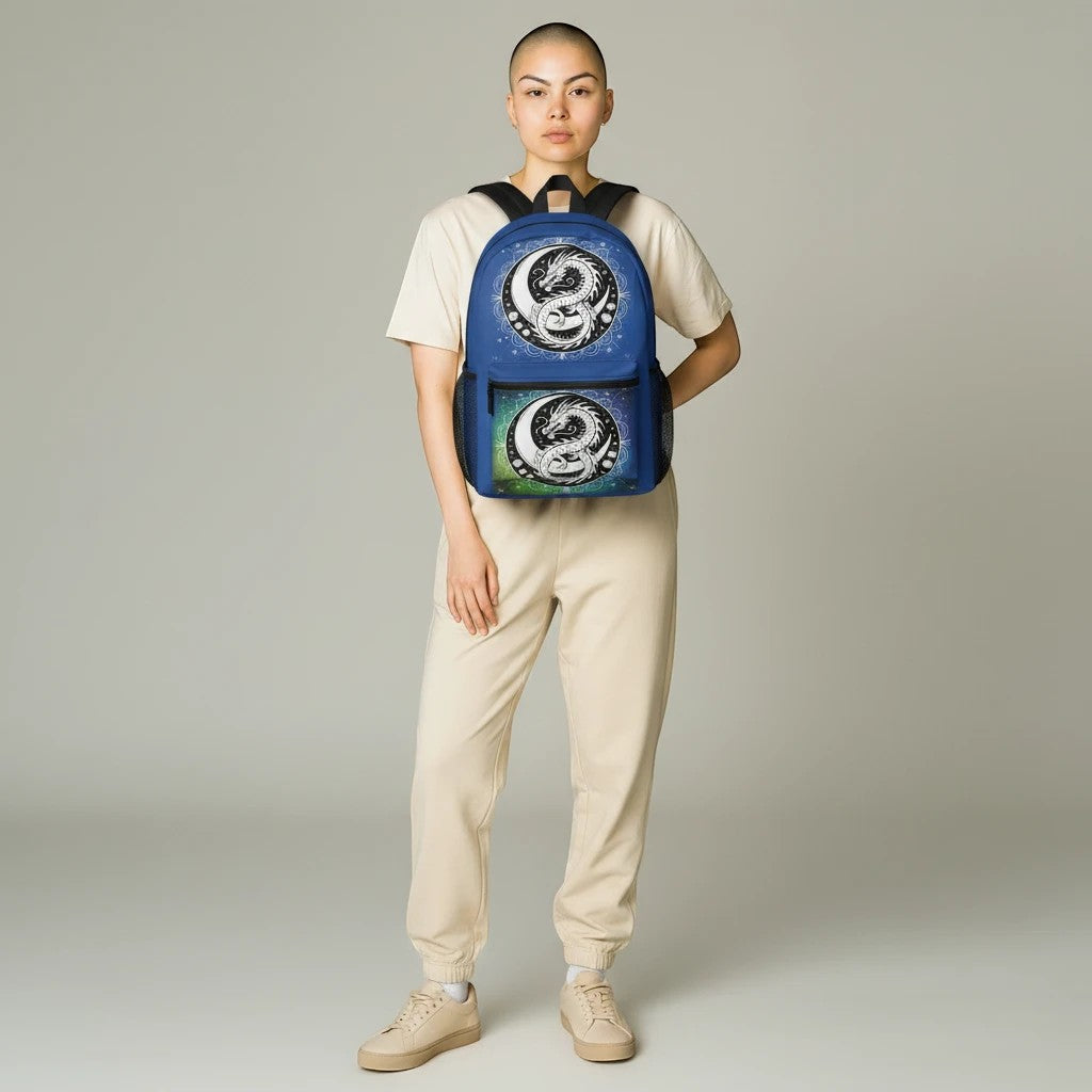Dragon yin-yang backpack in blue worn on shoulders by a person