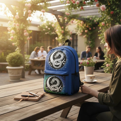 Blue dragon yin-yang backpack worn by a person at a table
