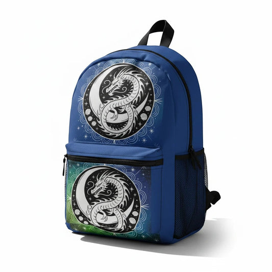 Blue dragon yin-yang backpack with front zipper pocket and two yin-yang dragon emblems