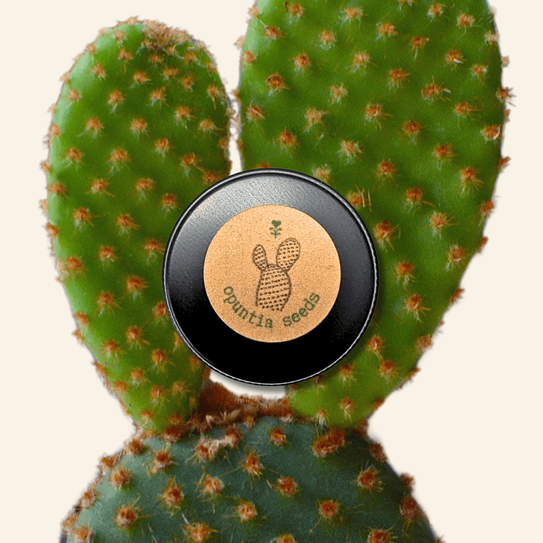 Opuntia mix seed packet label with cactus icon and “Prickly Pear Seeds” text