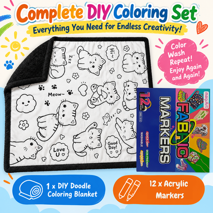 Folded and open doodle coloring blanket with animal outlines for DIY coloring