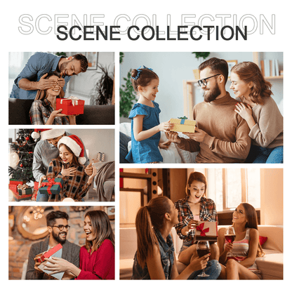 Gift-giving scene collage featuring people exchanging presents for a necklace gift