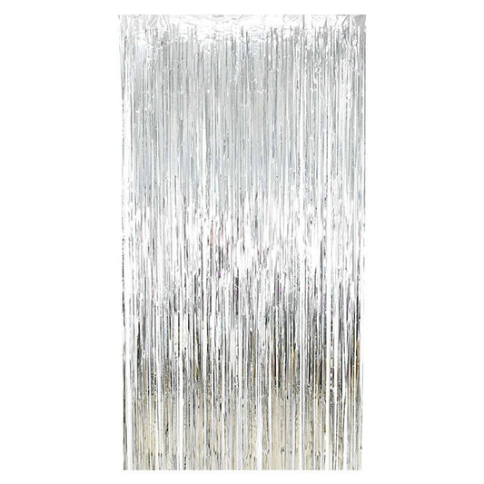 Silver metallic fringe curtain backdrop, vertical shiny tinsel strips