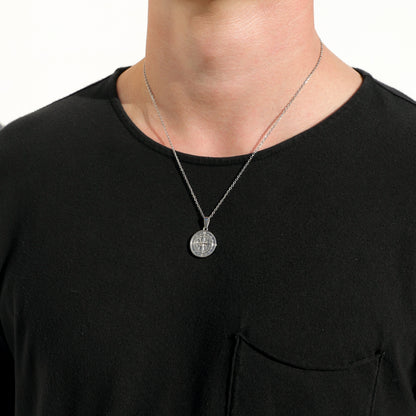 Silver compass pendant necklace set with one round compass pendant on a chain