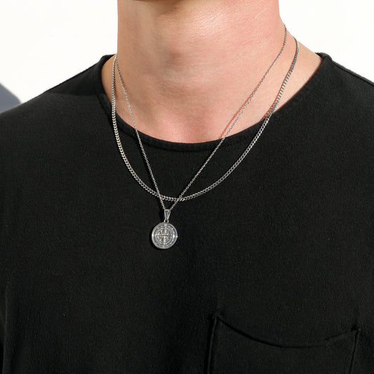 Silver compass pendant necklace set featuring two round compass charms and link chains
